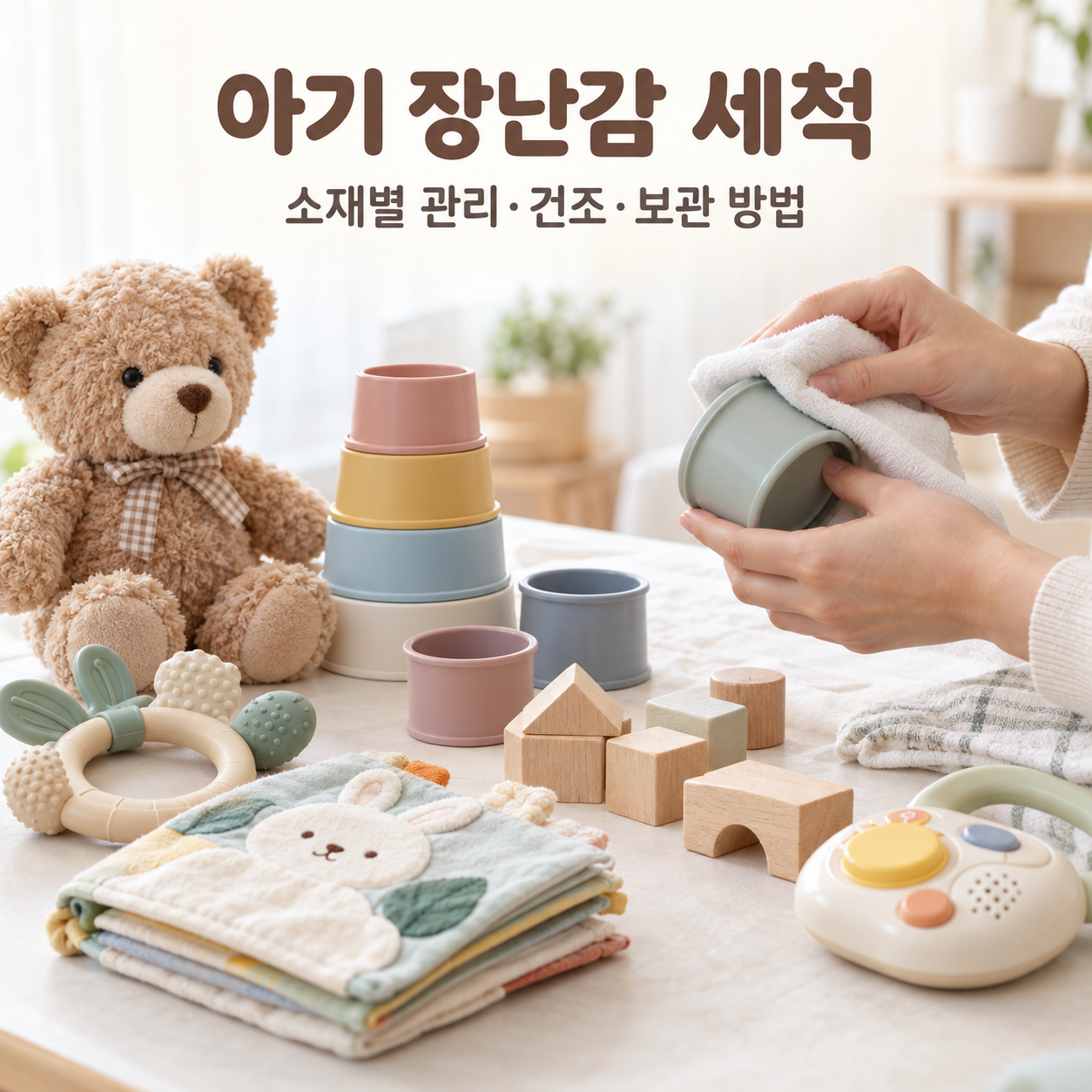 아기가 안전하게 장난감을 가지고 노는 모습과 다양한 아기 장난감 세척·보관 용품